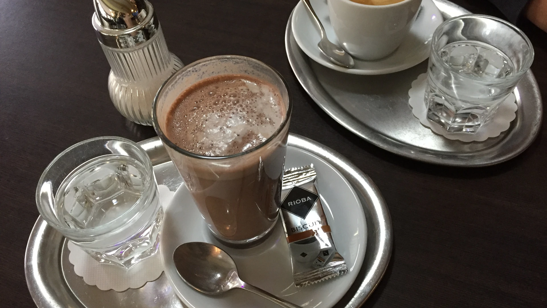 A tray on a dark table with a cappuccino, a glass of water and a chocolate drink.