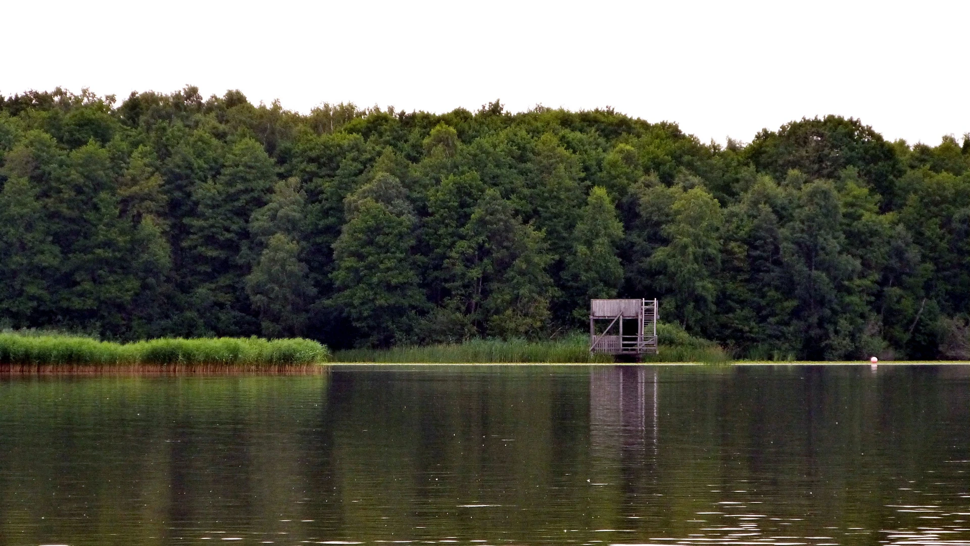 Holzturm am ruhigen Seeufer, umgeben von dichtem Wald, mit klarer Wasserspiegelung im Vordergrund.